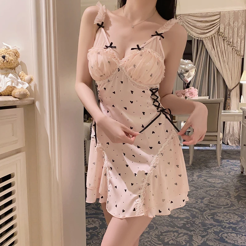 简约甜美飞袖内衣大码诱惑加胸垫透视蕾丝睡裙家居套装