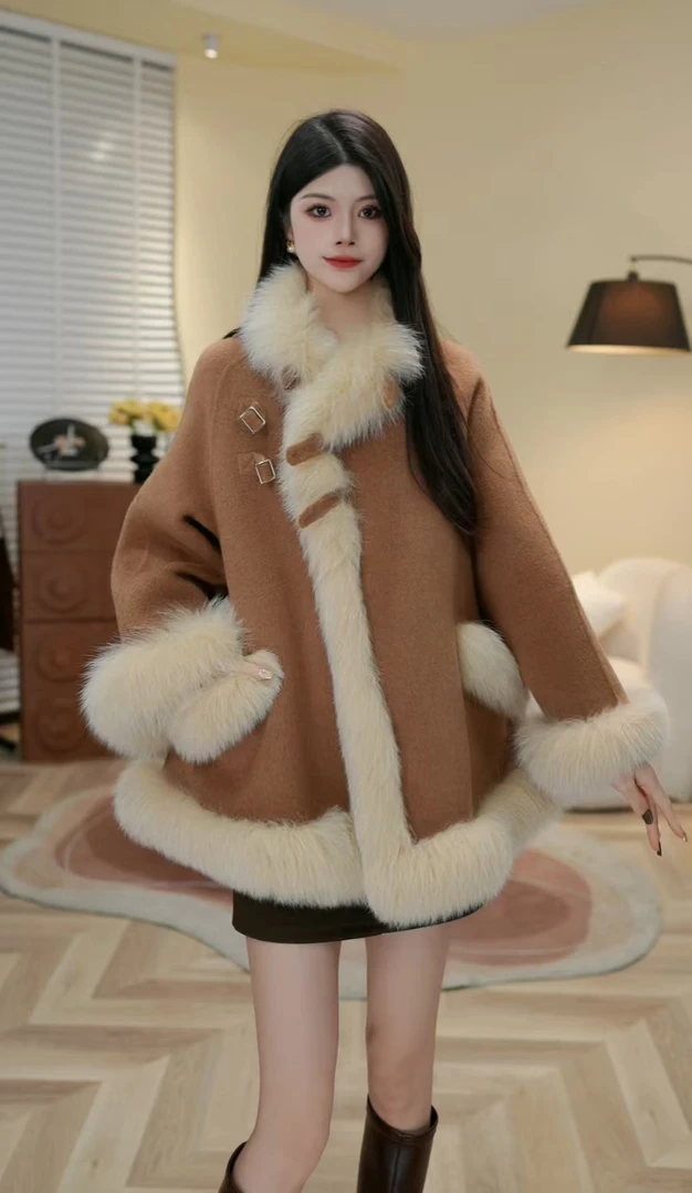 2025常规款宽松型冬季羊毛大衣毛领网红毛呢冰冰9248