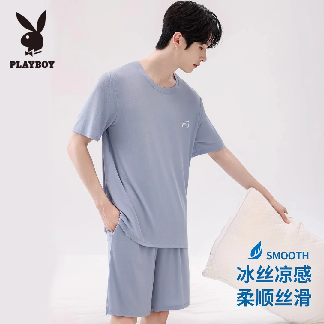 花花公子冰丝睡衣男士夏季凉感薄款短袖短裤宽松圆领男套装家居服