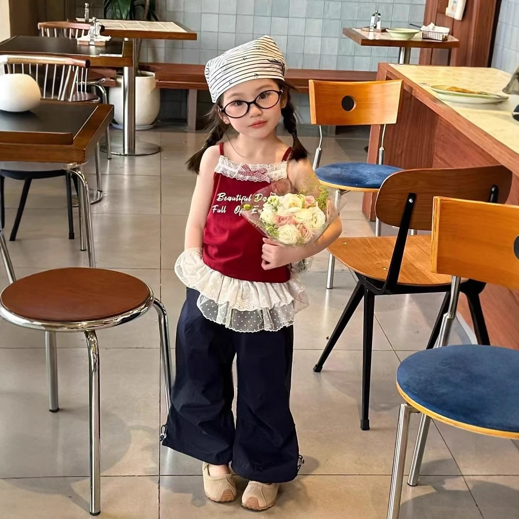 小思家女童套装2025夏季甜美风蝴蝶结吊带背心花边拼接休闲长裤