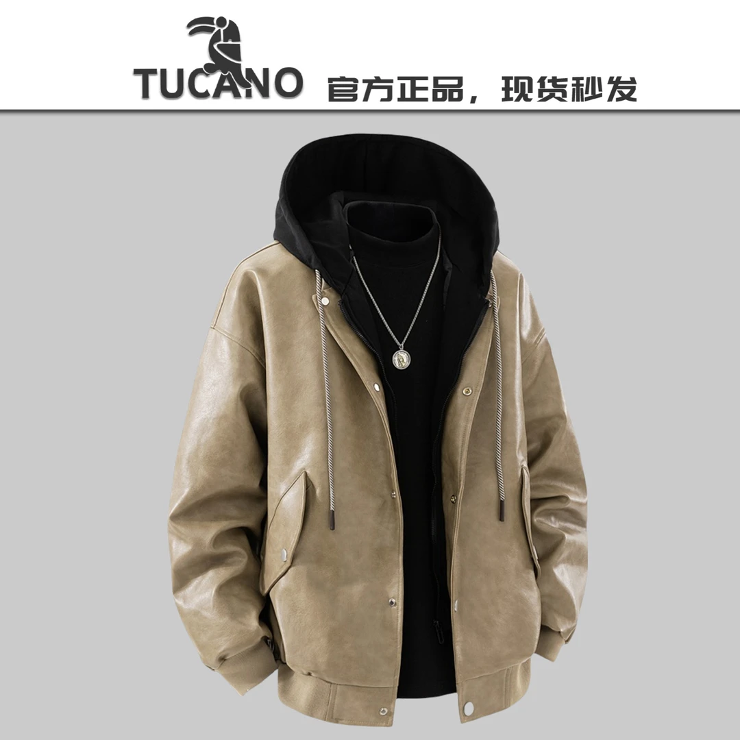 啄木鸟【官方】夹克连帽假两件拼接外套韩系宽松潮牌工装皮夹克