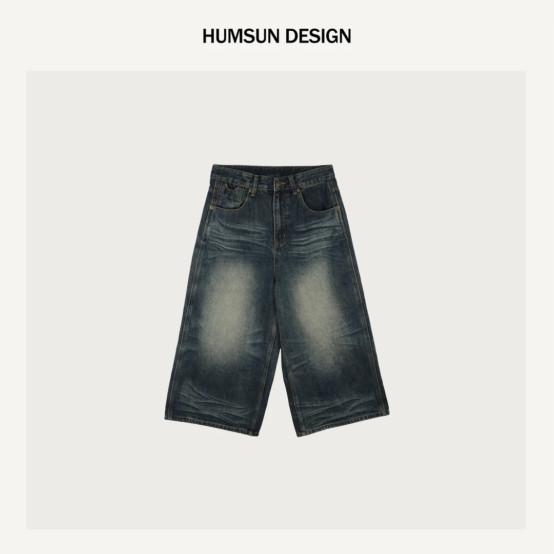 HUMSUN/禾木笙「解构线条」复古立体猫须褶边八分阔腿牛仔裤 5C801