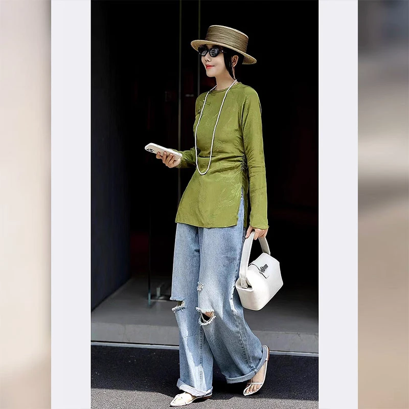 新中式国风绿色衬衫女春款2025新款小众别致独特收腰防晒小衫上衣