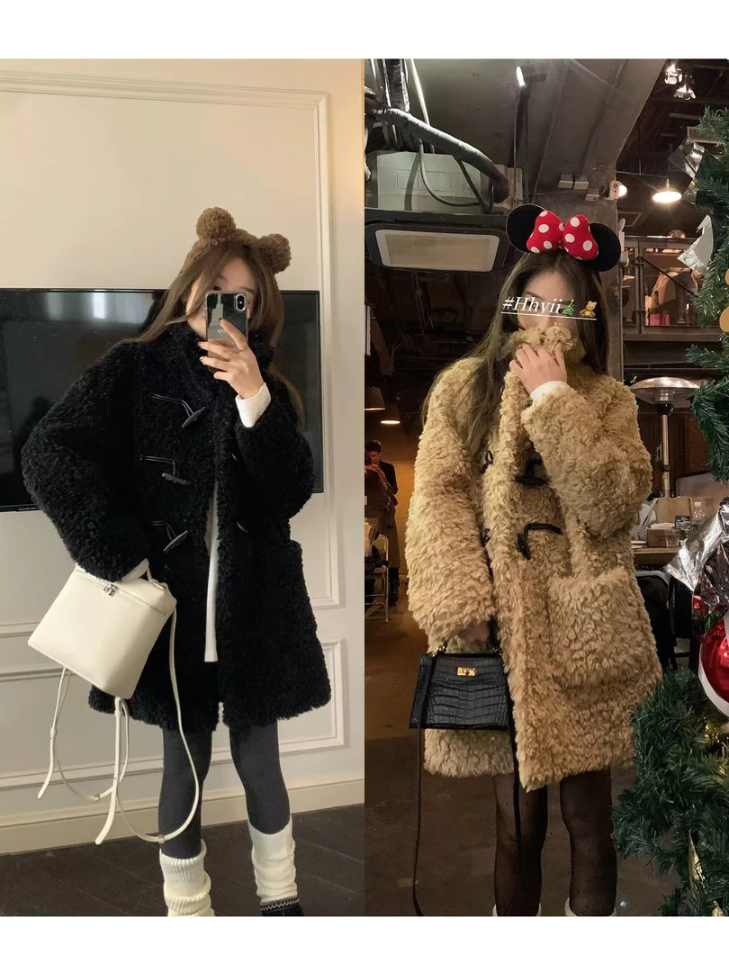 六只象2024秋冬宽松保暖中长款牛角扣皮毛一体泰迪仿羊羔毛外套女