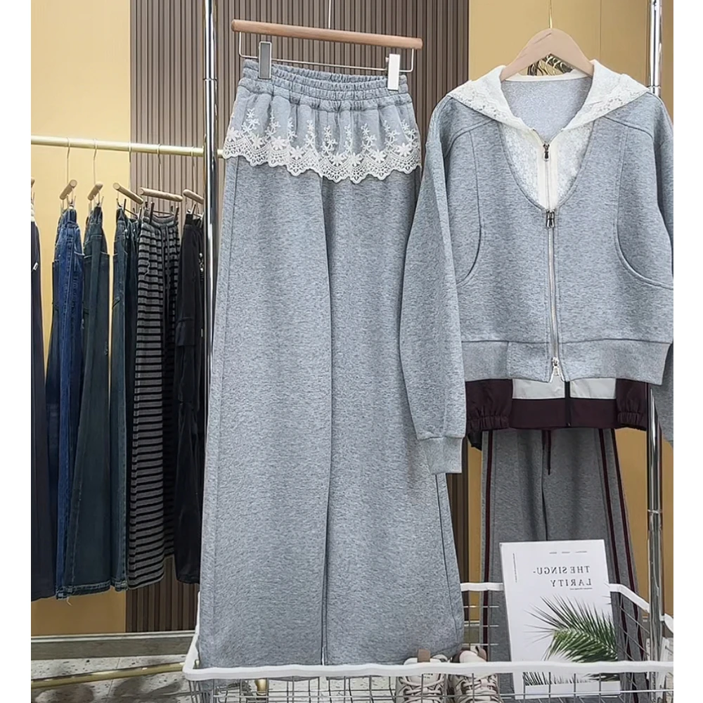 蕾丝拼接女童套装春装2025新款时尚女大童外套长裤两件套潮流