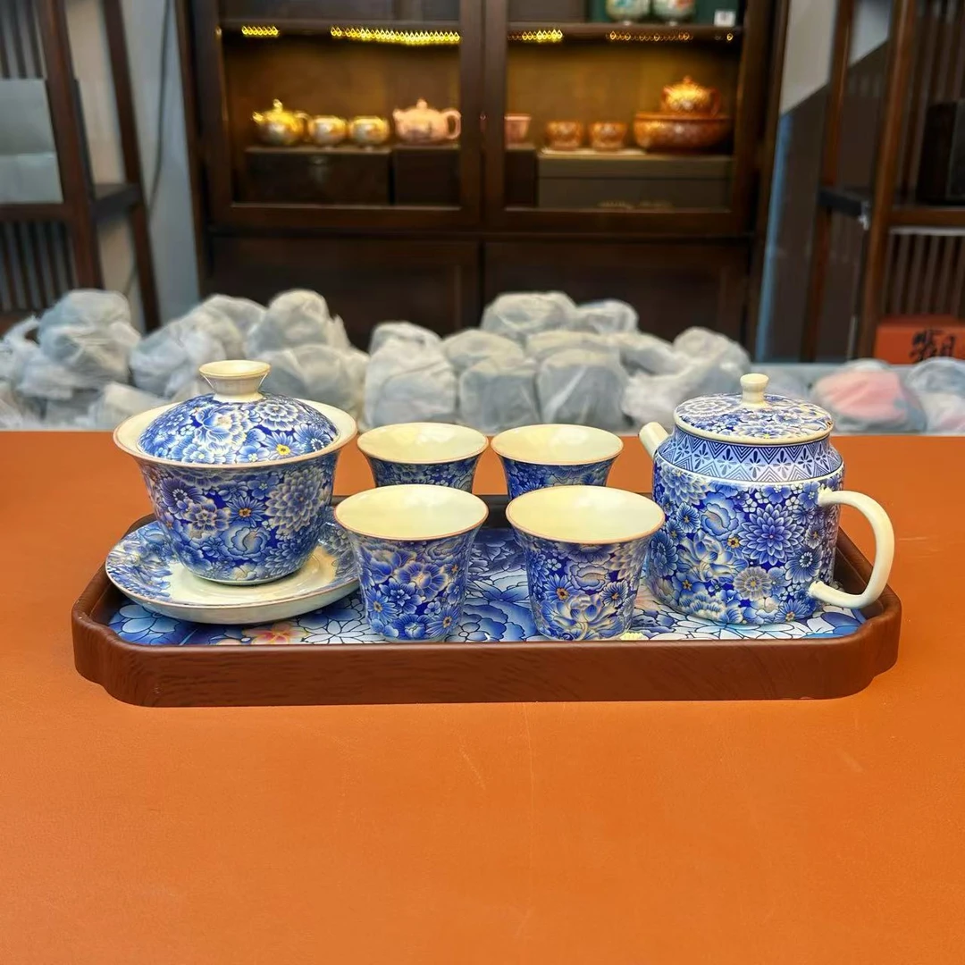 ZH3694-青花万花三才盖碗+青花万花泡茶壶+-青花万花客杯*4