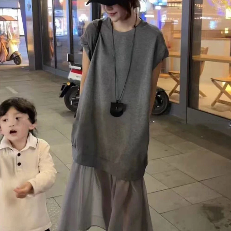 欧货设计感短袖拼接连衣裙女2025夏季新款宽松显瘦小个子百搭裙子