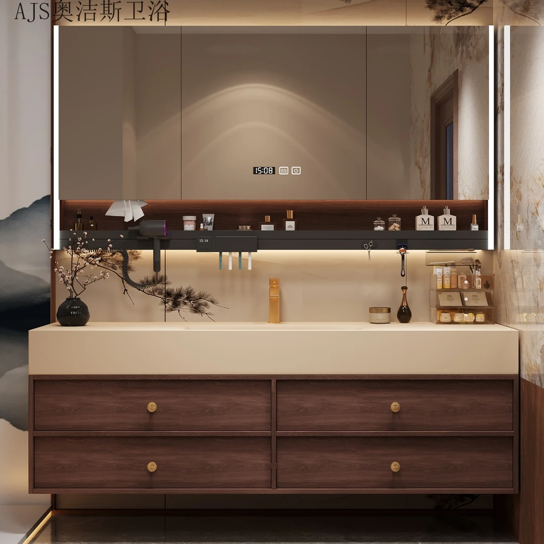奥洁斯中古风美学浴室柜米黄岩板热弯无缝一体盆智能洗漱卫浴组合