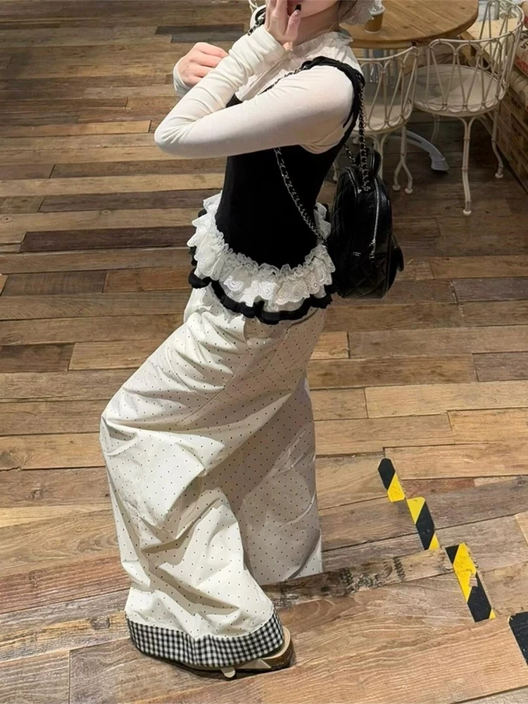 韩系chic减龄波点花边拼接休闲裤女春夏牛仔宽松直筒阔腿直筒裤子