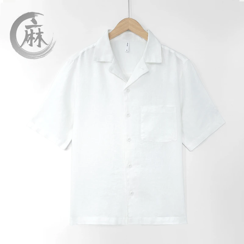 夏季薄款翻领短袖高端纯亚麻衬衫男士透气百搭休闲宽松衬衣男半袖