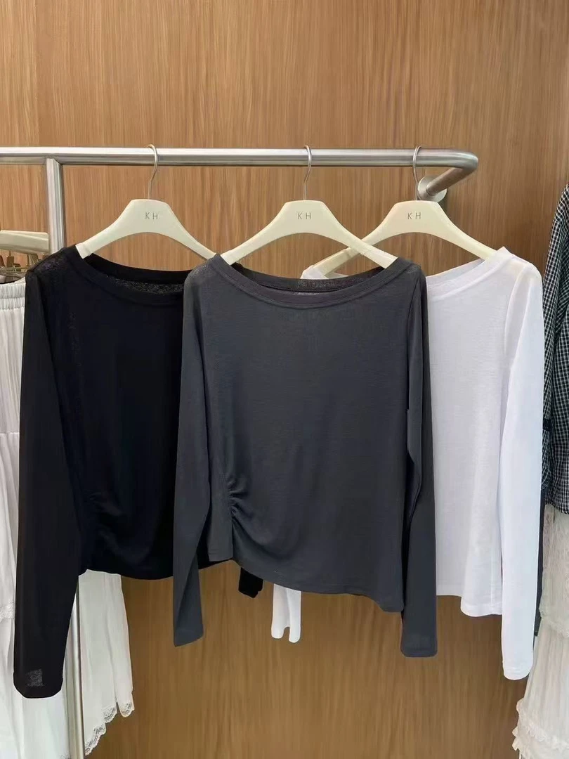 静静家，休闲百搭耐磨短款褶皱抗起球T恤纯色网红不规则休闲打底86