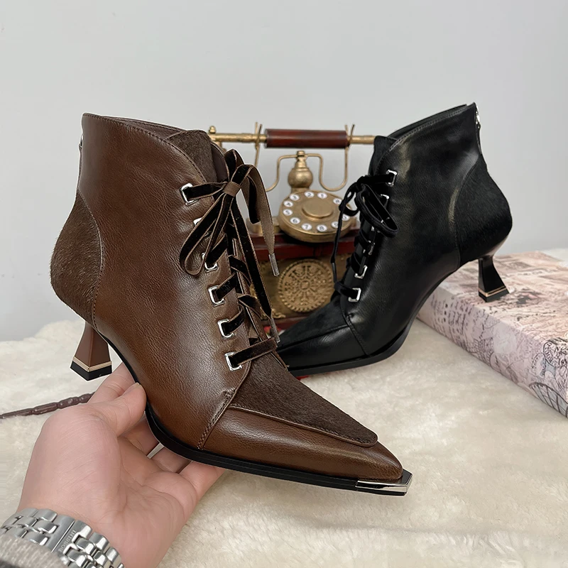 马毛 5厘米 2024年秋冬季加厚保暖粗跟尖头真皮短靴SG020