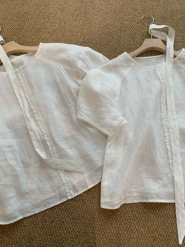 夏季新款韩系木耳边配飘带亚麻短袖衬衫透气百搭