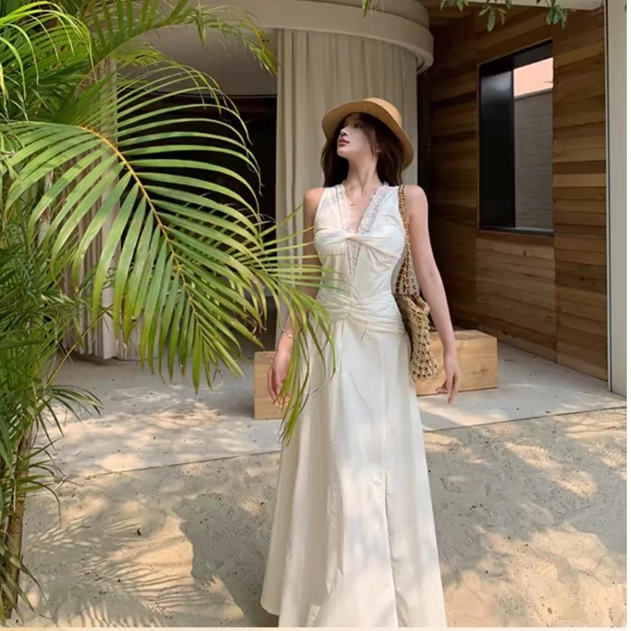 清仓瑕纯欲风蕾丝拼接镂空背心裙女夏季法式气质扭结A字连衣裙