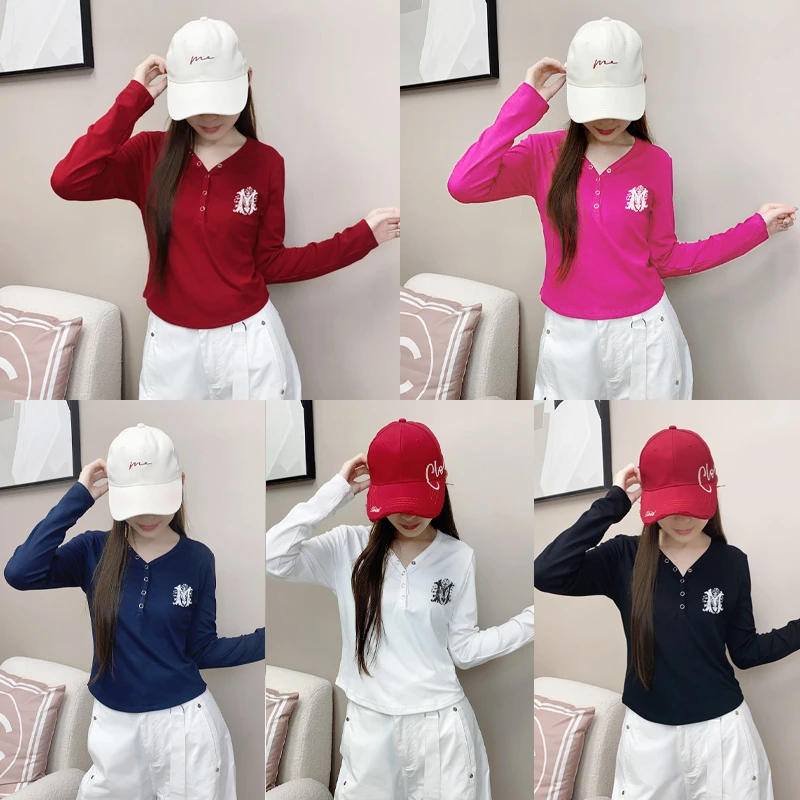 纤伽【秋/新品】广场舞上装秋季V领弹力棉修身T桖半扣长袖百搭上衣