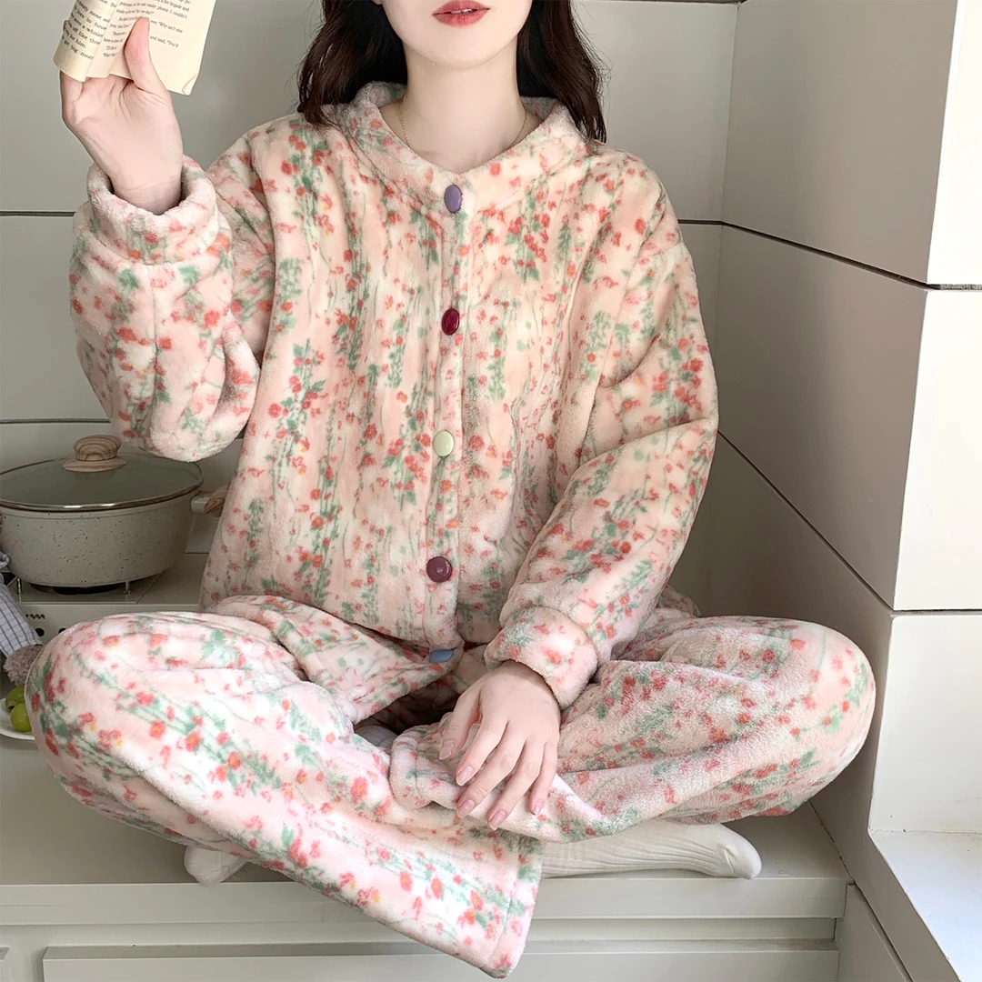 珊瑚绒睡衣女秋冬季大码加厚25新款高级感小粉花套装可外穿家居服