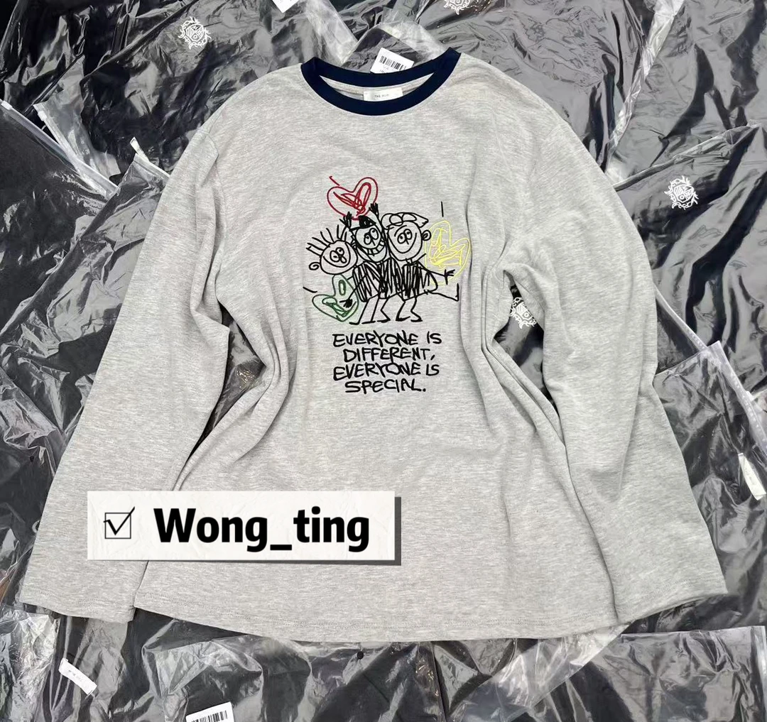 【W_ting】2025新款卡通图案两色撞色领子大版T恤12265