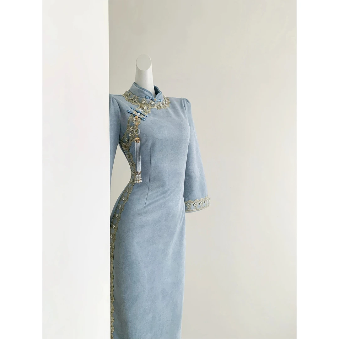 【暮蓝】中式长袖旗袍2025蓝色新款秋冬高端大气改良连衣裙年轻