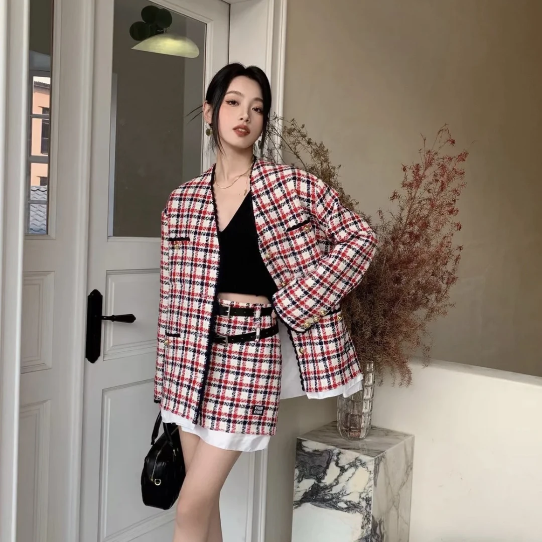 99新 MIU MIU/缪缪 2cc040/格纹单排扣v领长袖夹克外套 羊毛 42码