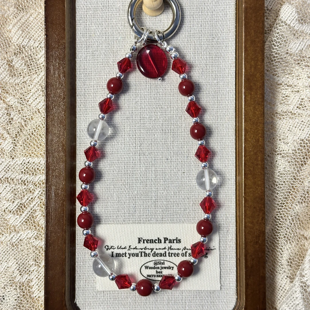 酒红序章文创手工串珠保色五金手机链个性创意百搭防丢配件