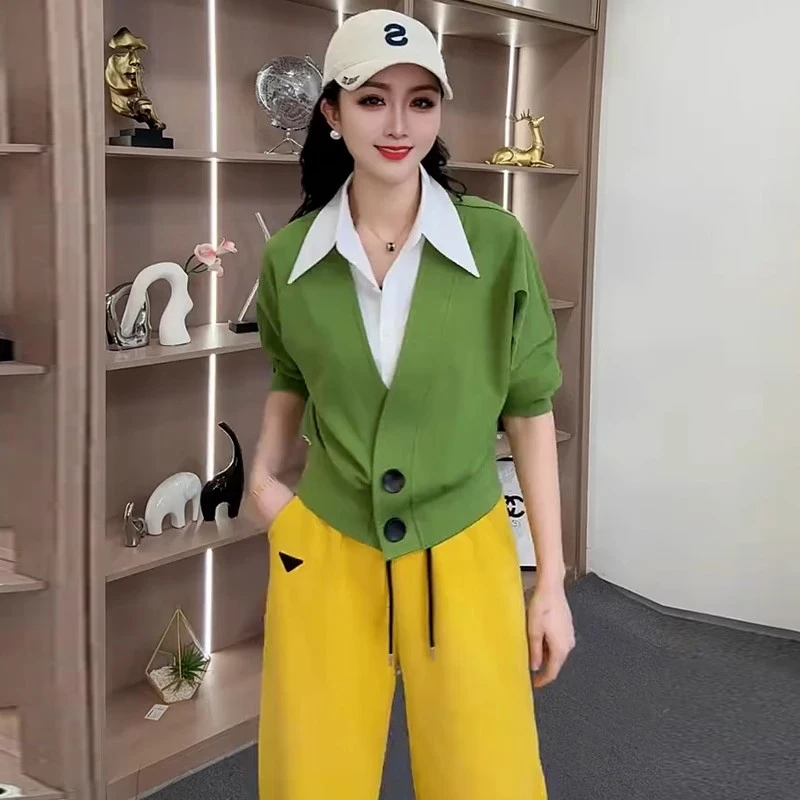 时尚假两件短款衬衣女2025春季新款洋气显瘦休闲百搭翻领长袖上衣