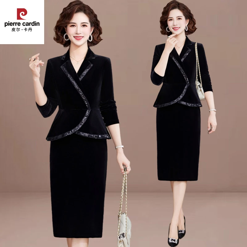 皮尔卡丹妈妈春装洋派假两件洋装2025新款中老年女装春秋金丝绒半
