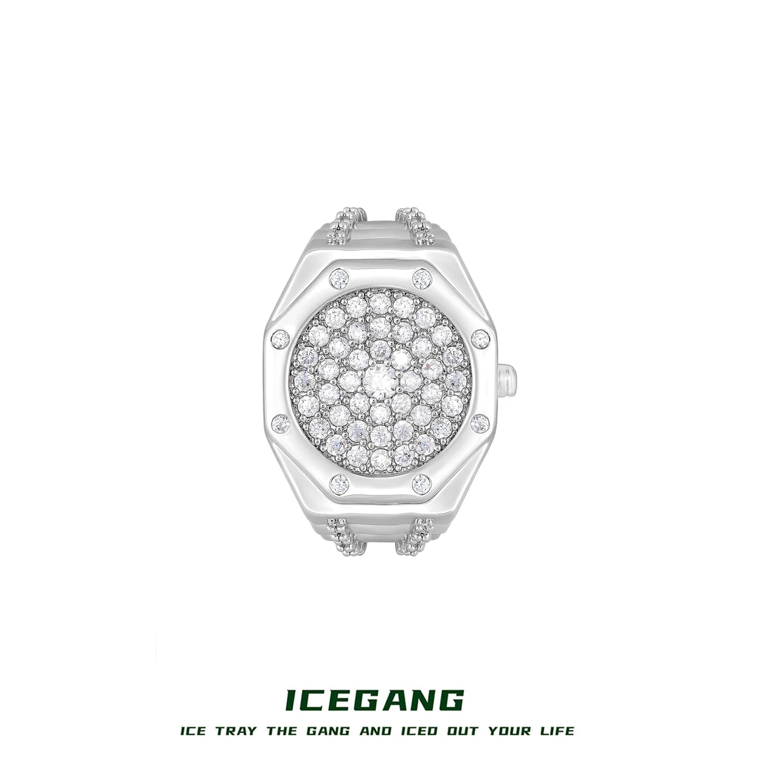 ICEGANG 铜合金合成锆石戒指 橡树系列满钻手表戒指老钱风首饰