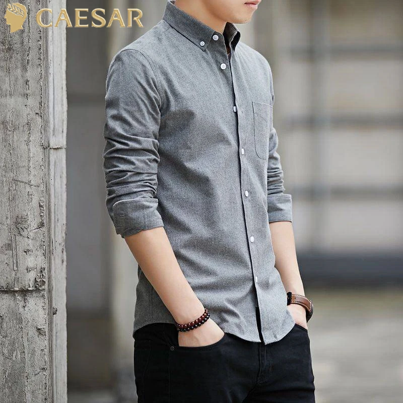 凯撒大帝春季男士长袖衬衫商务休闲韩版修身翻领简约纯色寸衫男装