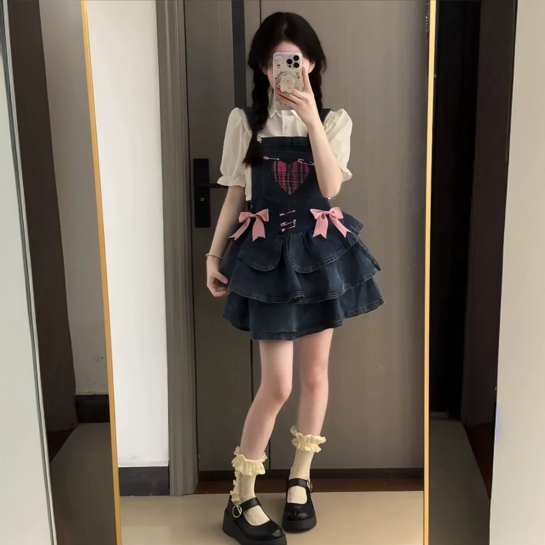 可爱甜妹软妹风背带裙套装女2025夏季新款泡泡袖上衣百褶裙两件套