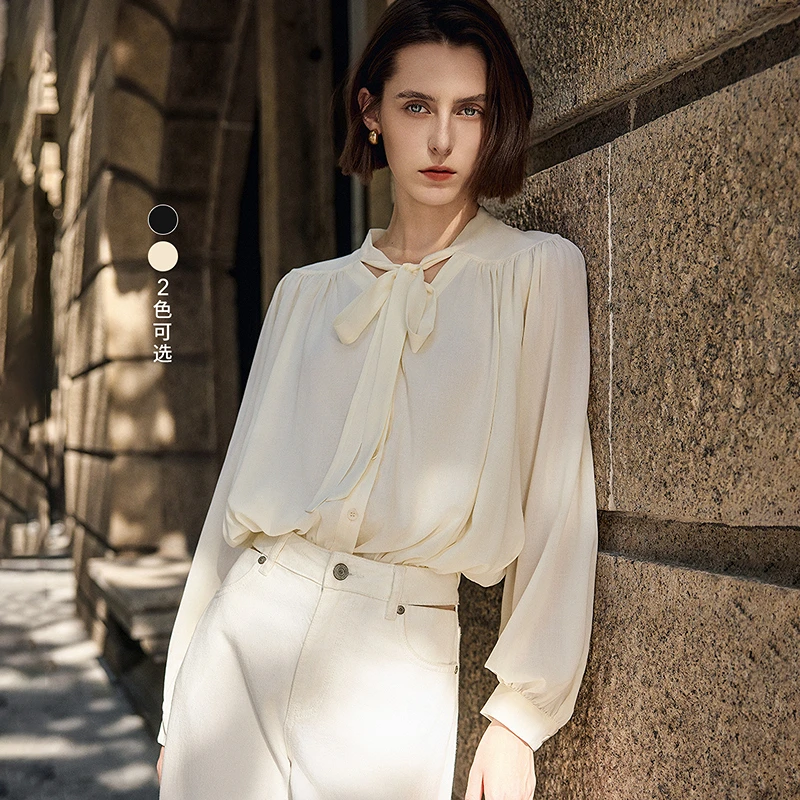 LILY秋款法式优雅浪漫飘带领收腰垂顺舒适松弛感衬衫124309C4924