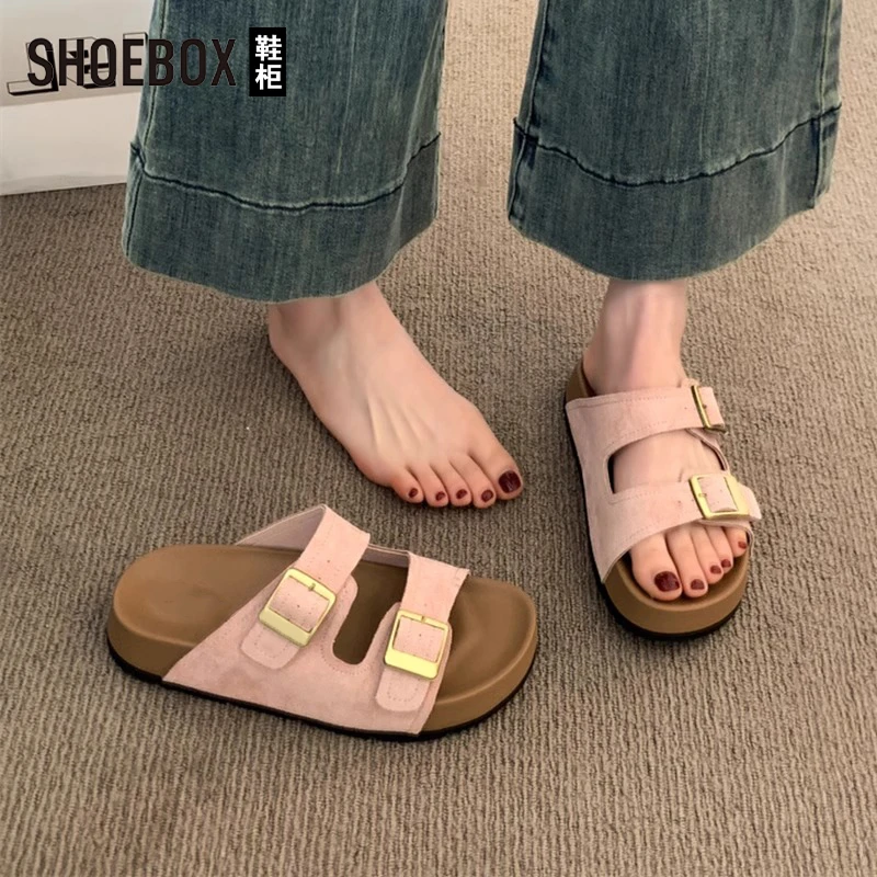 SHOEBOX鞋柜超火粉色勃肯拖鞋女夏外穿2025新款一字拖厚底拖鞋