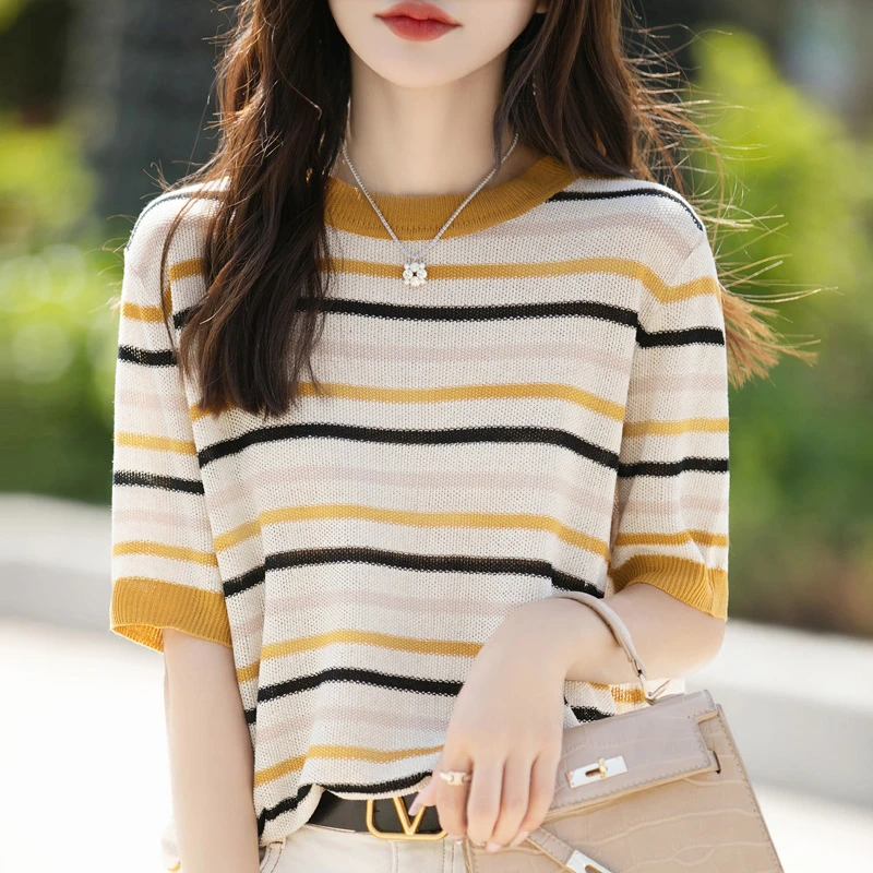 韩系学院风撞色条纹纯棉短袖针织衫女夏季新款气质显瘦T恤衫上衣