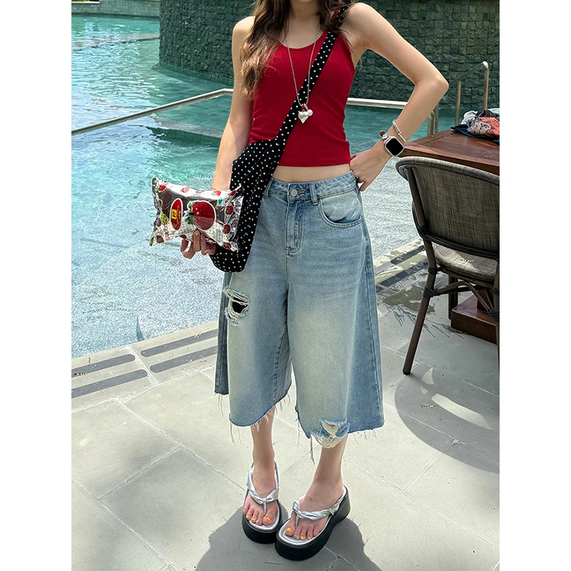 美式复古设计感撕边破洞牛仔七分裤女夏季宽松直筒休闲阔腿中裤子