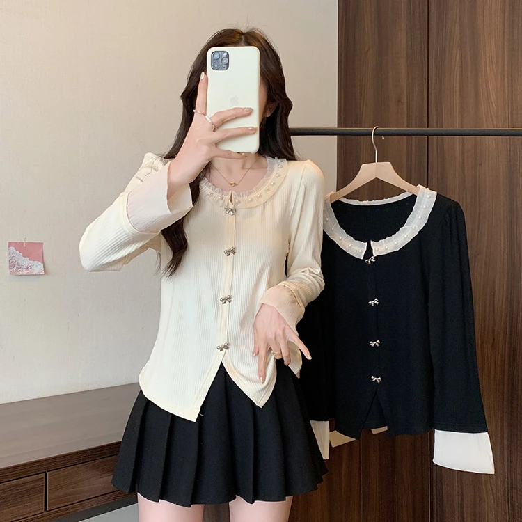 2025秋季新款大码胖mm钉珠蕾丝边小衫法式高级感小香风针织衫小众