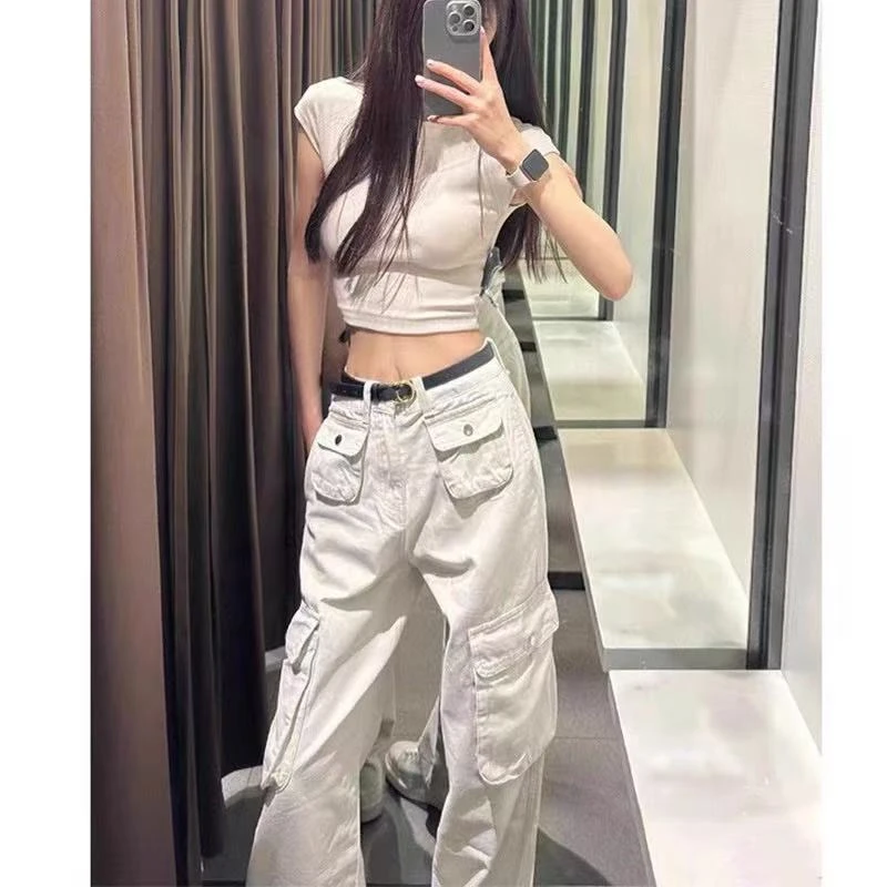 美式白色柏丽影工装裤子女宽松小众设计感直筒高腰阔腿裤夏季薄款