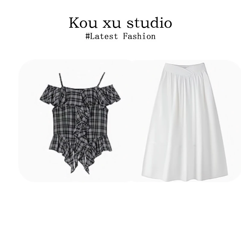 法式上衣高级感减龄格纹荷叶边衬衫休闲简约纯色半身裙女宽松长裙