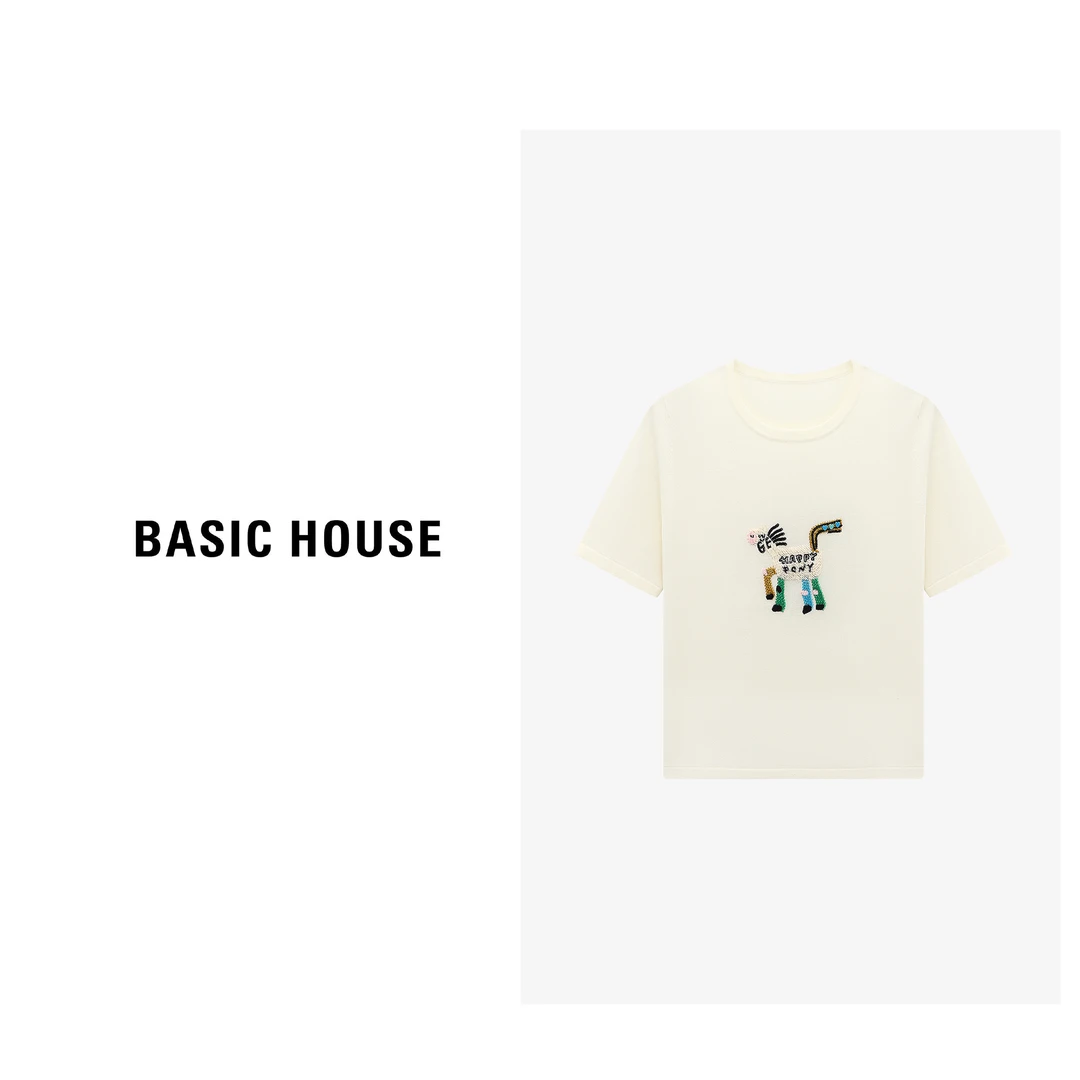 Basic House/百家好休闲夏季宽松灰色印花针织衫-B0625B50472
