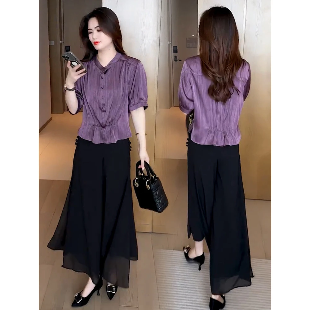 上衣洋气套装女2025爆款休闲遮肚子显瘦雪纺衫阔腿裤裙两件套气质