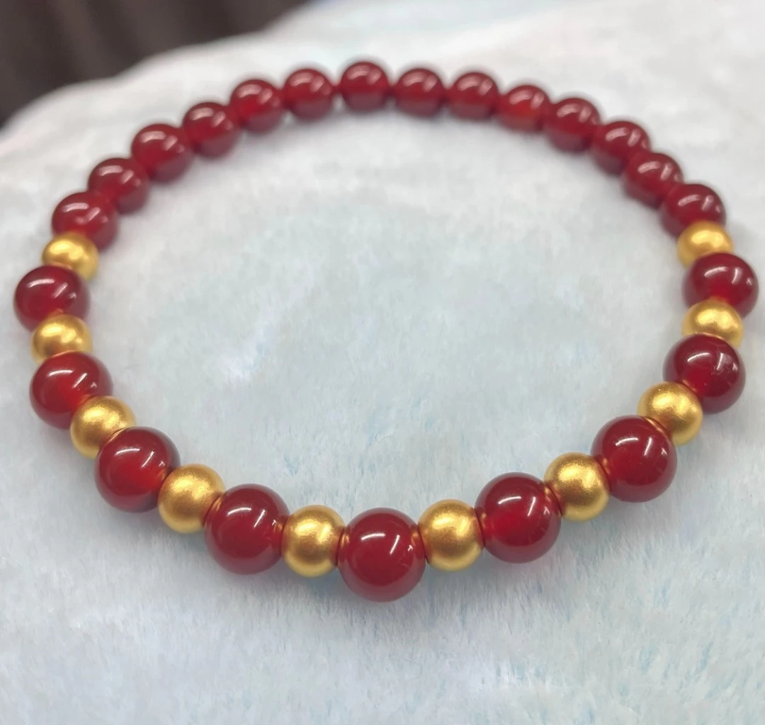 B(006）足金时尚百搭约5mm古法金珠十颗（赠卡六红玛 瑙/玉 髓）