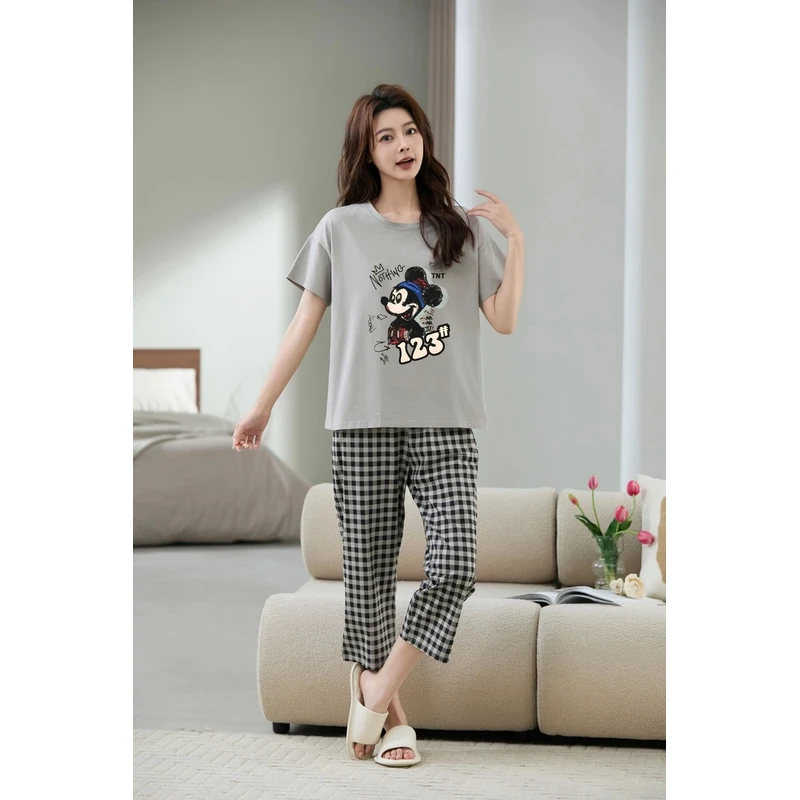 品牌女士爽棉短袖八分裤睡衣套装夏季宽松