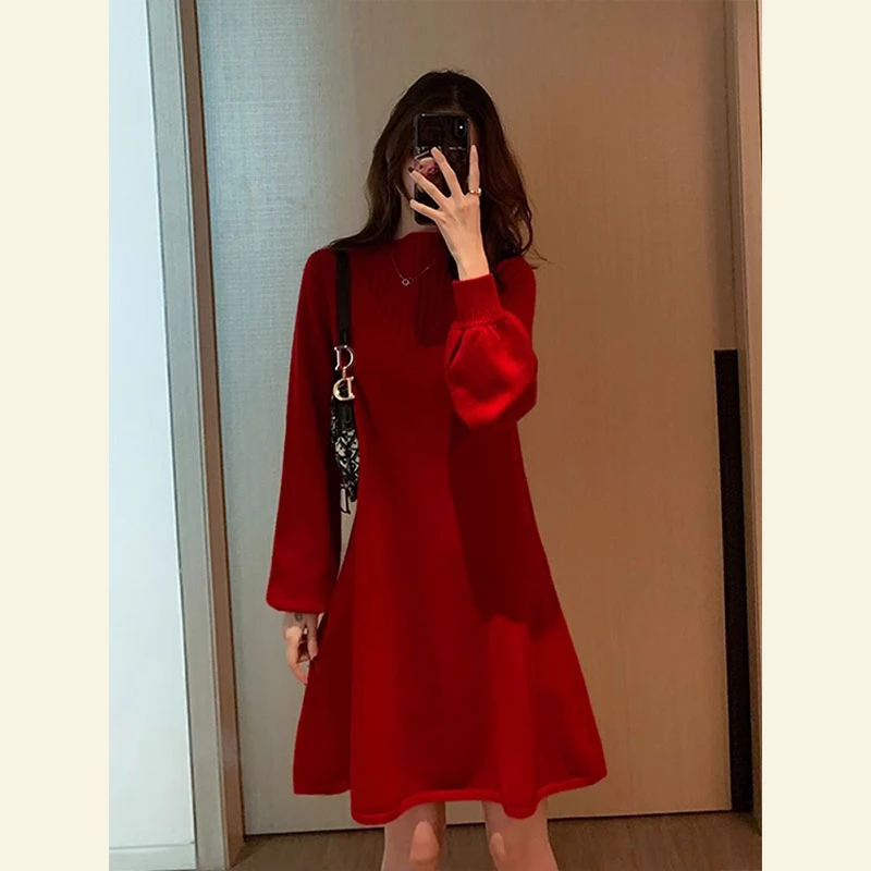 2025新款小个子喜庆回门订婚打底内搭圣诞节红色针织连衣裙女秋冬