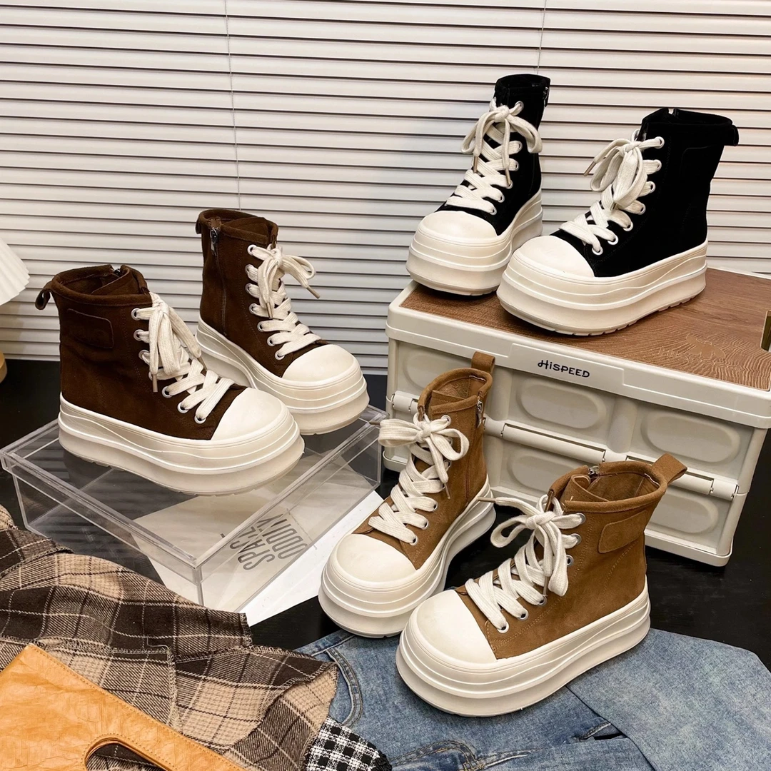 【俊】欧货反毛皮系带米奇大头厚底松糕高帮鞋休闲鞋板鞋小个子女鞋