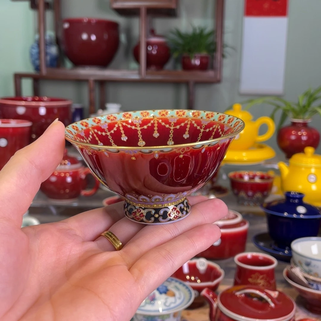 悟*清欢雅玩原矿郎红藏品珐琅彩高足杯