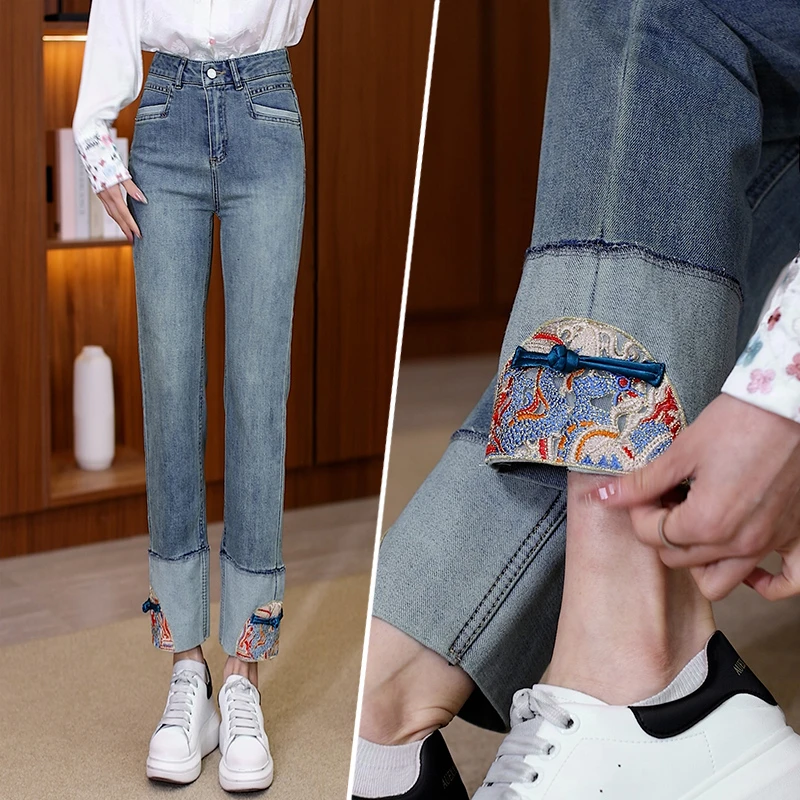 ins大码国风牛仔裤盘扣直筒春季新款中式国风刺绣九分烟管裤子