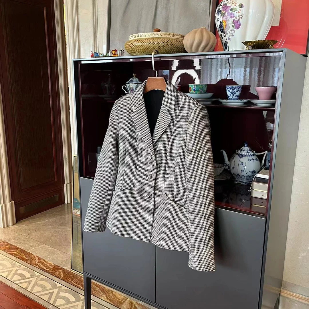 漫颜刘羊毛混纺格子西装2023秋季新品长袖西装领单排扣宽松上衣