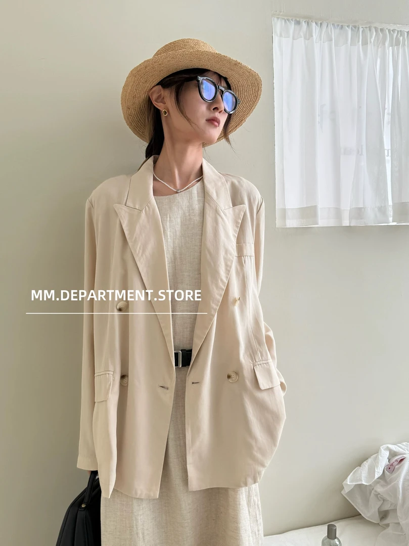 airiq*商场原单@天丝亚麻气质高级感法式轻薄v领双排扣西装外套