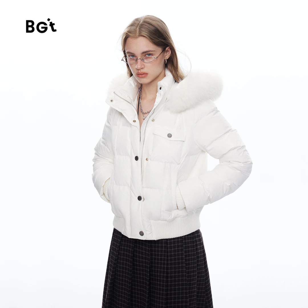 BGt 短款连帽云朵龟背羽绒服2025秋冬新款可拆卸狐狸毛领大衣外套