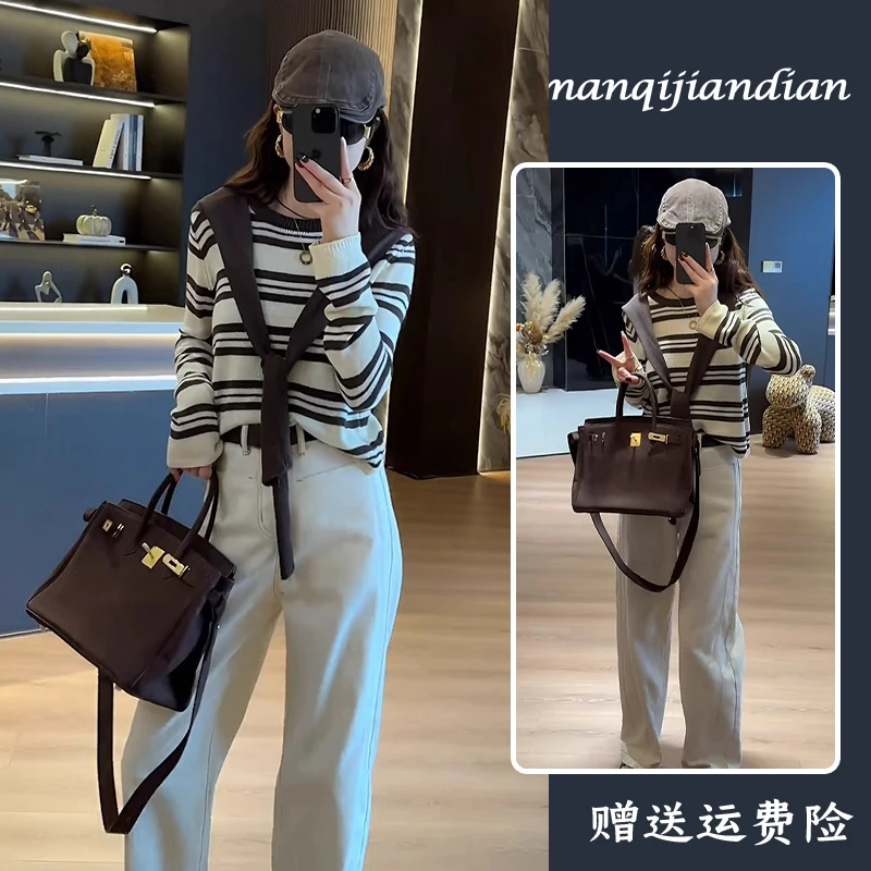 韩系高级感穿搭套装系带设计感条纹针织衫女高腰直筒休闲裤两件套
