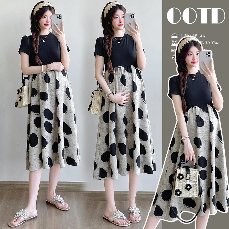 孕妇装2025夏季新款时尚圆领波点连衣裙设计感拼接假两件孕妇裙潮