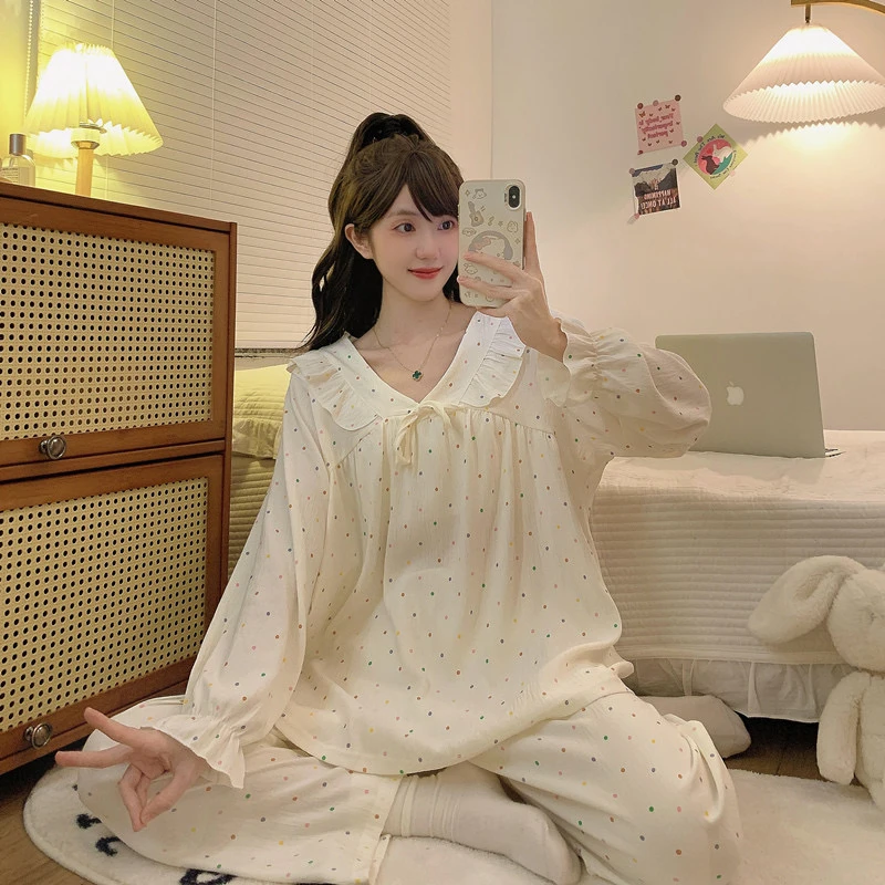 大码宽松云朵棉睡衣女加大加肥胖MM春夏甜美波点V领长袖家居服